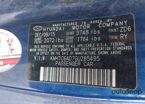 2016 Hyundai Veloster from USA, damaged, VIN KMHTC6AD7GU285495